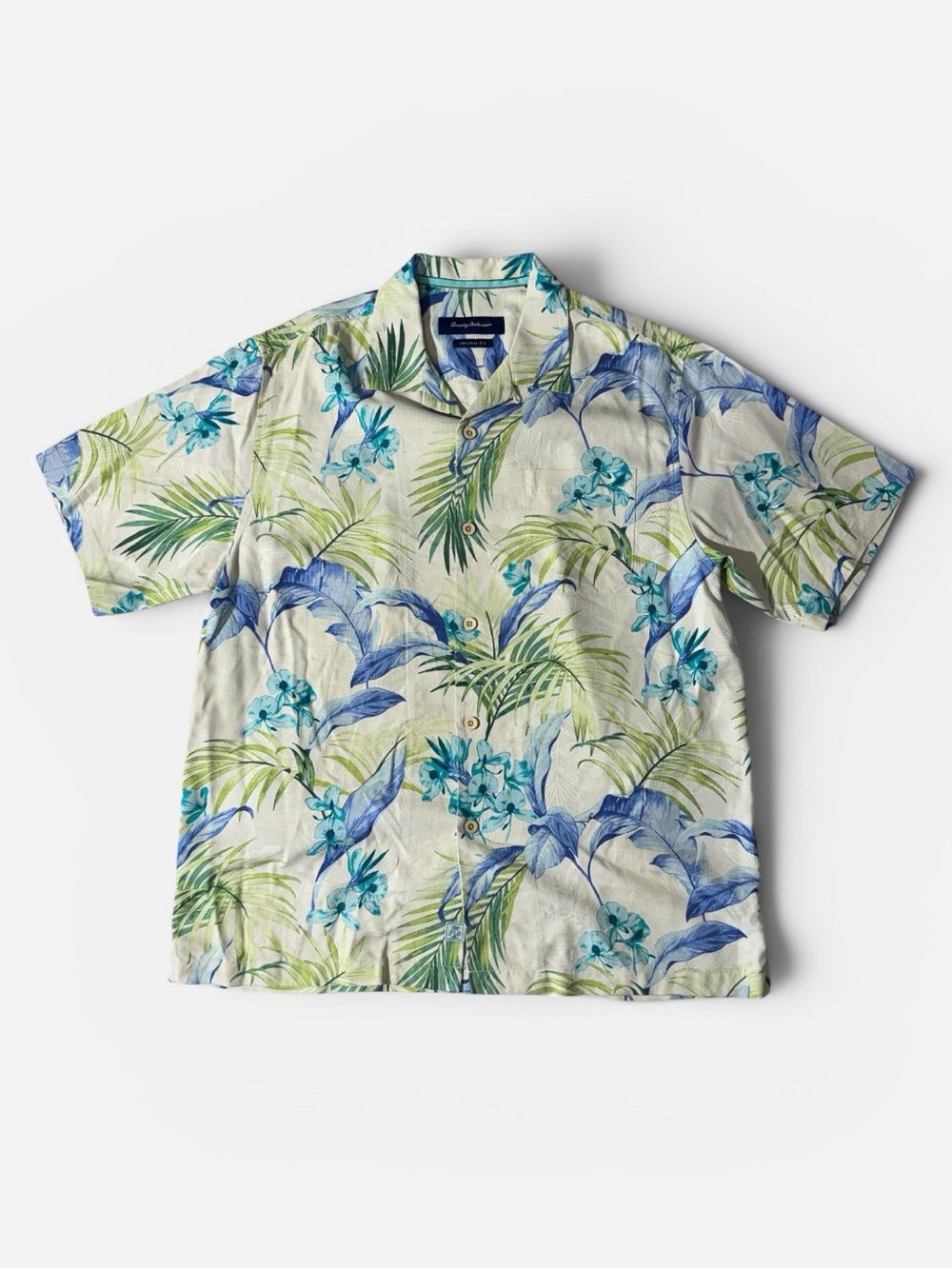 Tommy Bahama mens L Large cream floral 100% silk Hawaiian shirt EUC